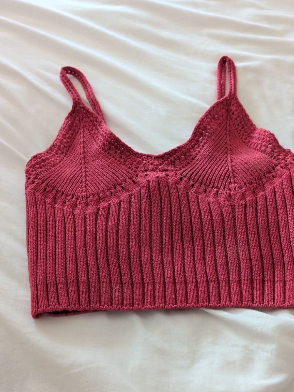 Crochet-Detail Ribbed Cropped Camisole in Rosewood